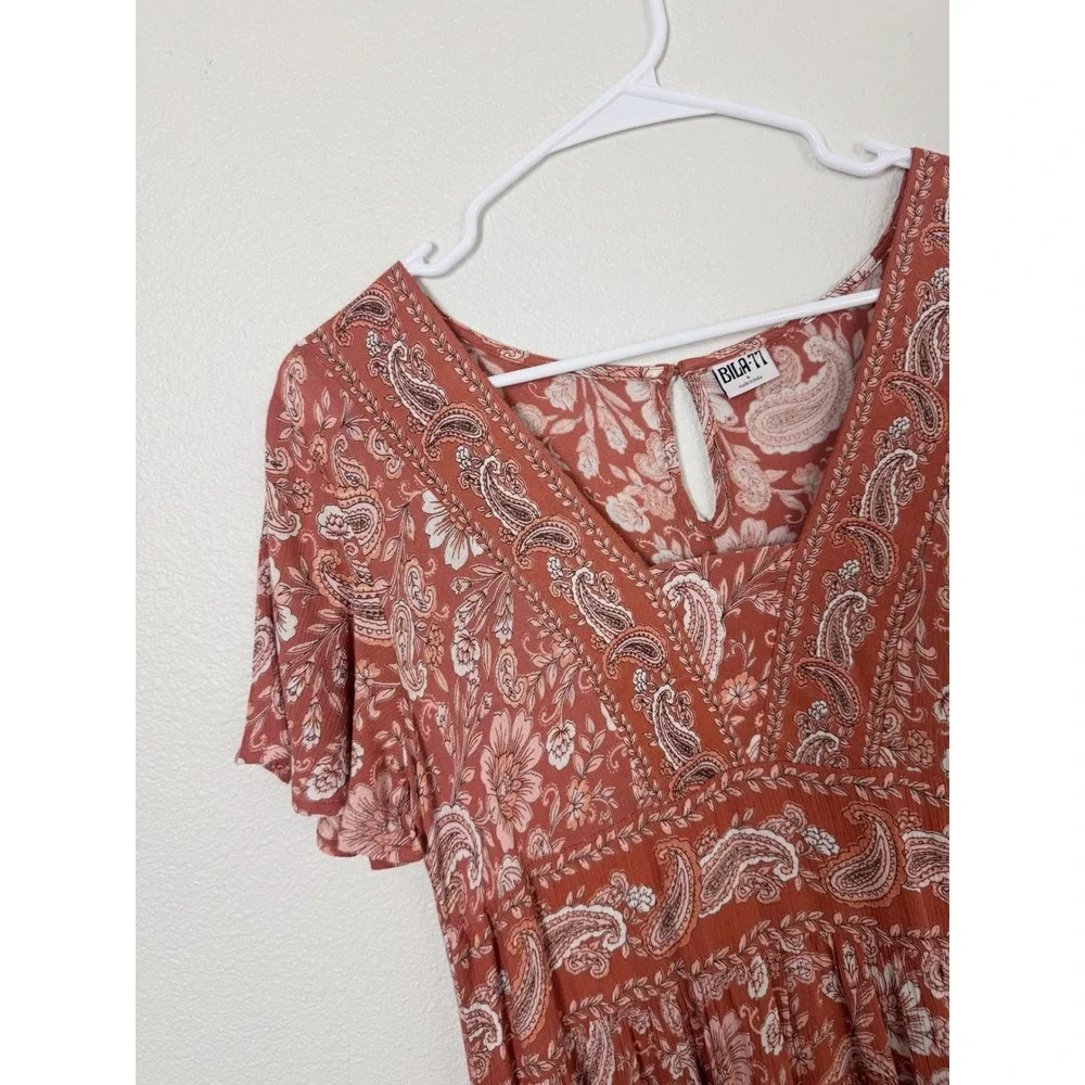 Bila 77 Terracotta Paisley Floral Tiered Boho Mini Dress Small - Picture 3 of 9